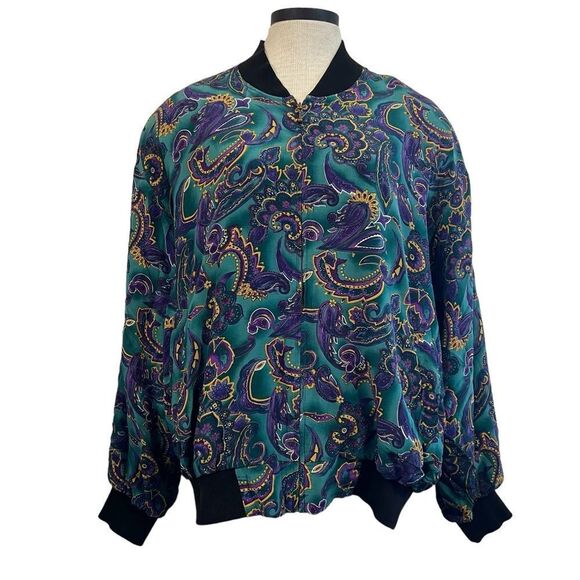 Vintage Spenser Jeremy blue and green silk paisley zip bomber jacket size large - Picture 1 of 13